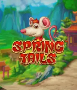 A charming illustration of a mouse dressed in traditional Chinese attire standing in a picturesque landscape with mountains. The image promotes the Spring Tails Slot by Betsoft, highlighted with prominent gold and red logo text.