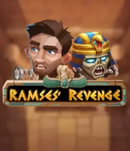 Dive into the mysterious world of the Ramses' Revenge game by Relax Gaming, highlighting a surprised explorer and a terrifying mummy set against an Egyptian tomb backdrop. This graphic captures the excitement of ancient Egyptian myths, great for fans of Egyptian-themed slots, delivering a thrilling adventure. 